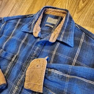 Vintage St John's Bay Plaid Flannel Shirt Men L Blue Corduroy Brawny Thick Heavy